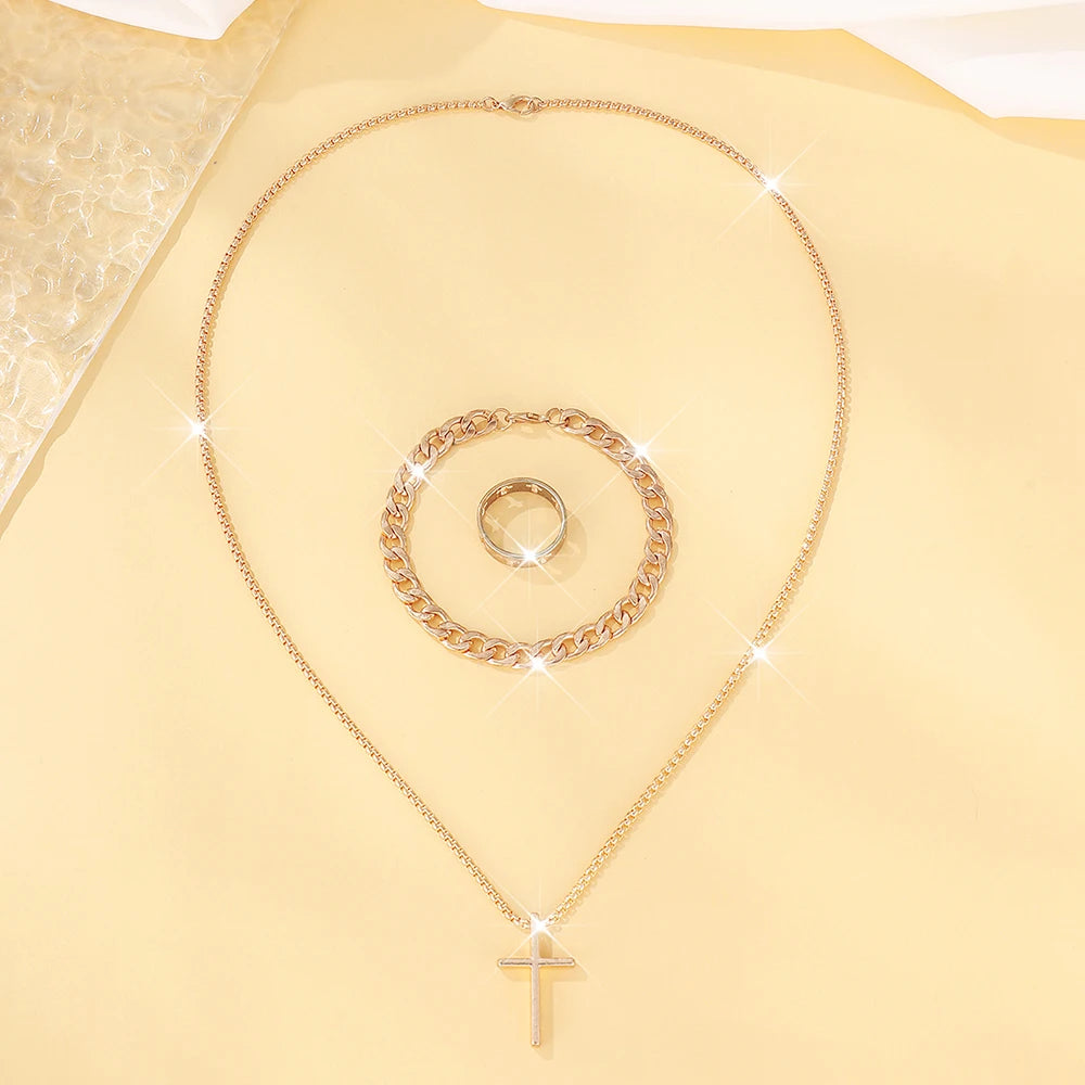 Men's 3-Piece Jewelry Set | Cross Pendant Necklace, Bracelet & Ring Combo H607-GO | Afrocentric