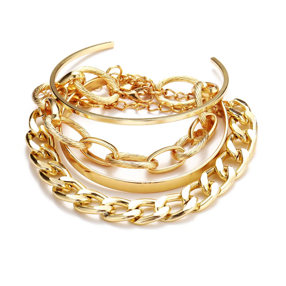 Boho Gold Chain Bracelet Set | Geometric Link Chain Open Bangle for Women 131 | Afrocentric