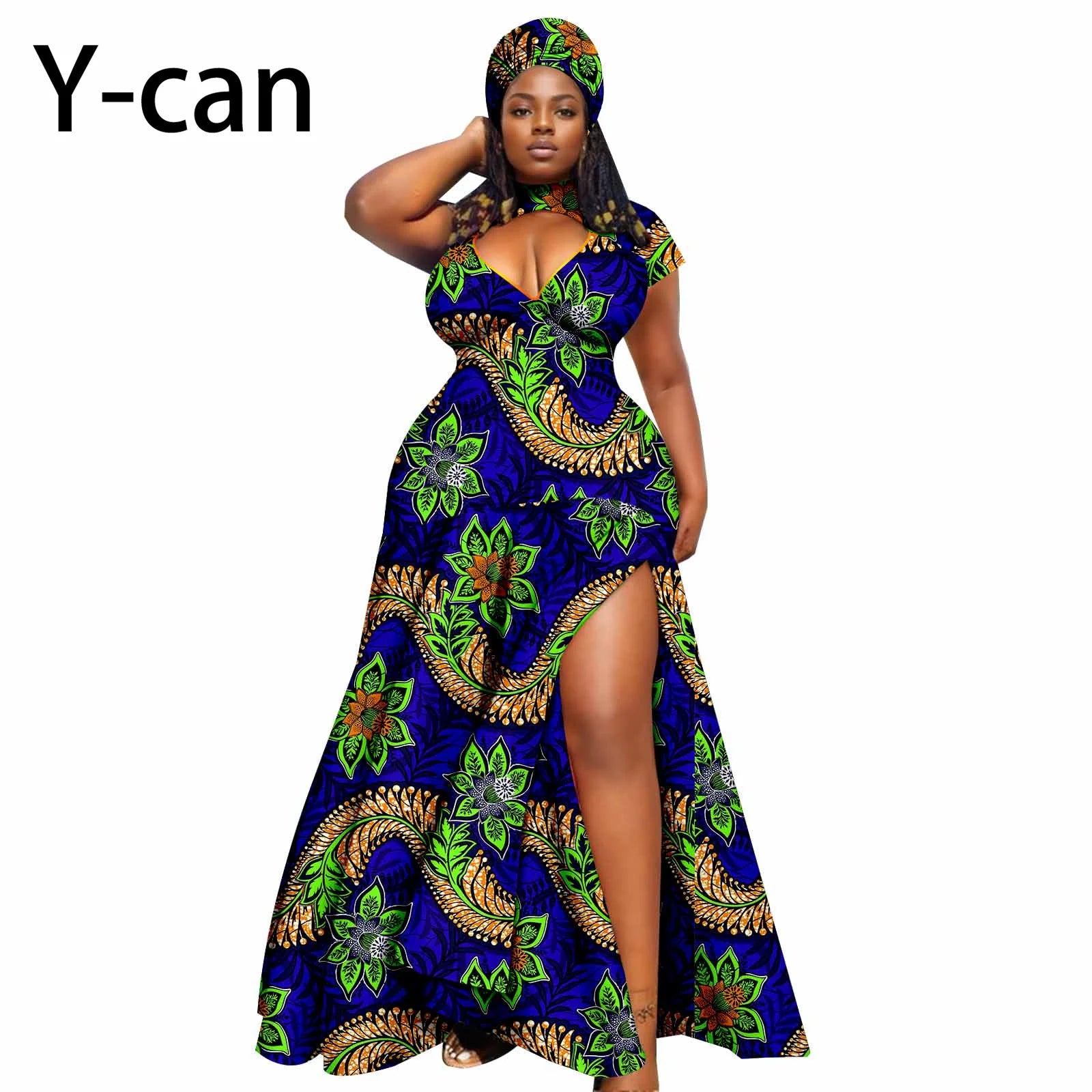 Dashiki African Women Dress Bazin Batik Sleeveless Slim Fit Mermaid Long Dress Sexy Hollow Women Dress with Headscarf 2425143 620 | Afrocentric