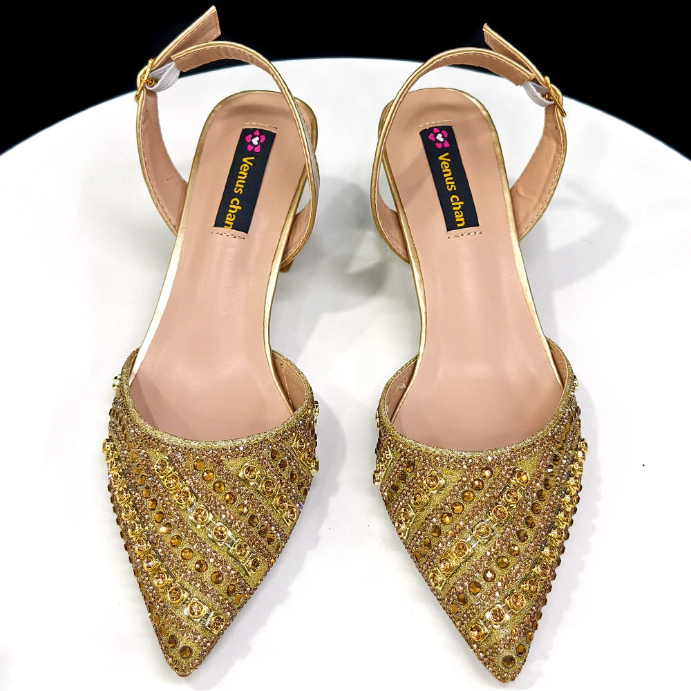 2025 Italian Fashion Pointed Toe Rhinestone Women Heels & Bag Set | Afrocentric