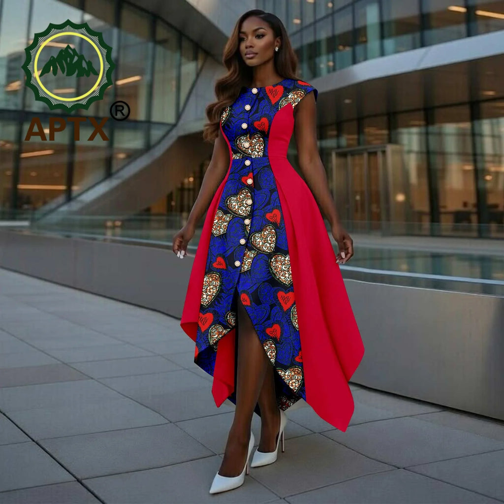 African Dress for Women Ankara Print O-Neck Short Sleeve Ankle-Length Patchwork Asymmetrical Dress Dashiki Casual Party | Afrocentric