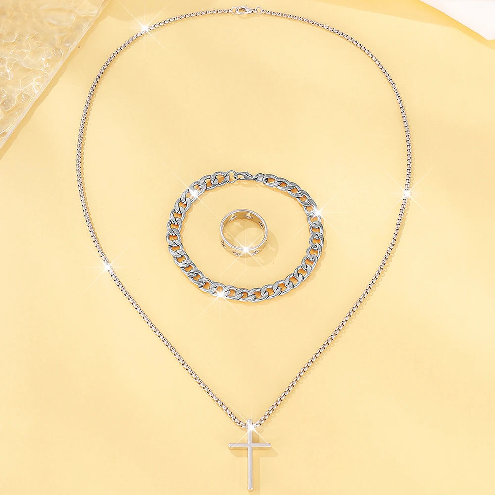 Men's 3-Piece Jewelry Set | Cross Pendant Necklace, Bracelet & Ring Combo H607-SL | Afrocentric
