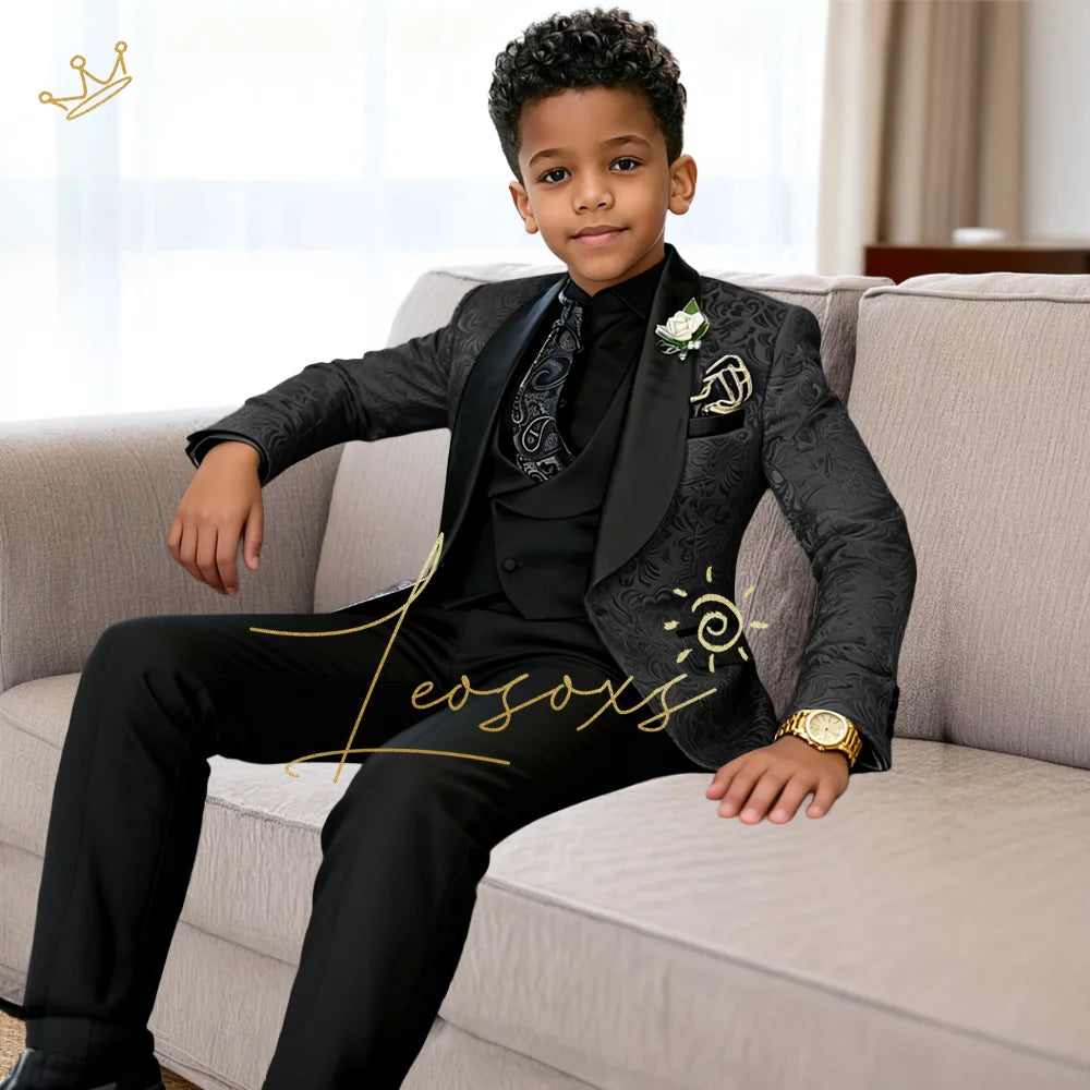 Boys 3-Piece Jacquard Suit | Blazer, Vest & Pants Formal Set for Kids black | Afrocentric
