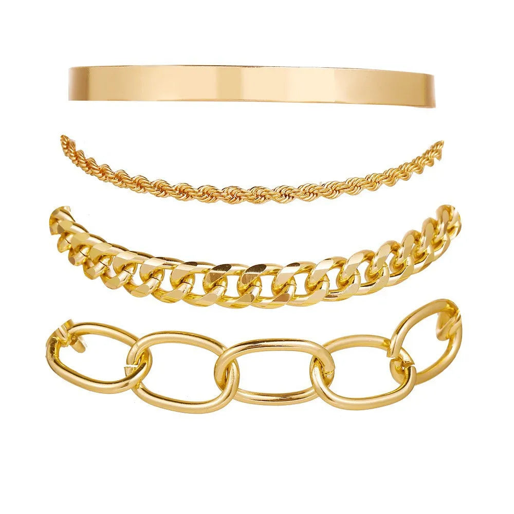 Boho Gold Chain Bracelet Set | Geometric Link Chain Open Bangle for Women 122 | Afrocentric