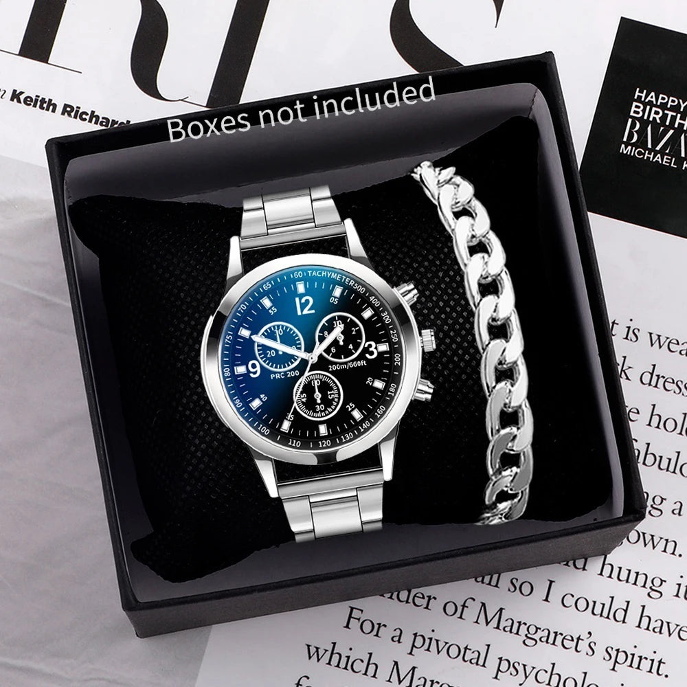 Men's Business Quartz Watch & Bracelet Set | Arabic Numeral Dial, Stainless Steel Black Without Box | Afrocentric