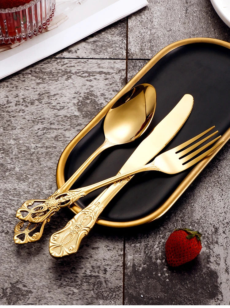 Luxury Retro Cutlery Set | Engraved Stainless Steel Flatware | 4pc, 5pc, 16pc & 24pc Sets | Afrocentric