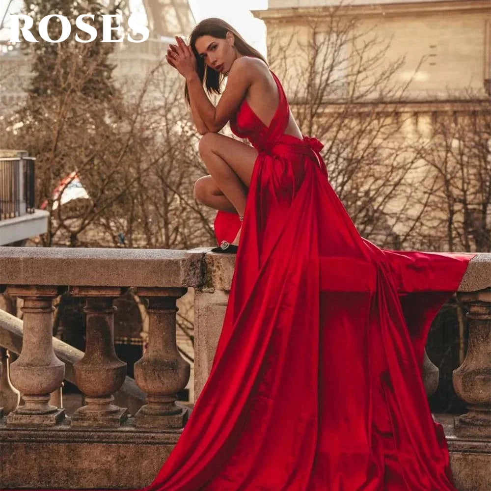 Red Satin Prom Dress | Sleeveless Backless Trumpet Gown with V-Neck & Pleats Picture color China Mainland | Afrocentric