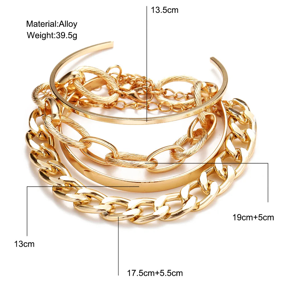 Boho Gold Chain Bracelet Set | Geometric Link Chain Open Bangle for Women | Afrocentric