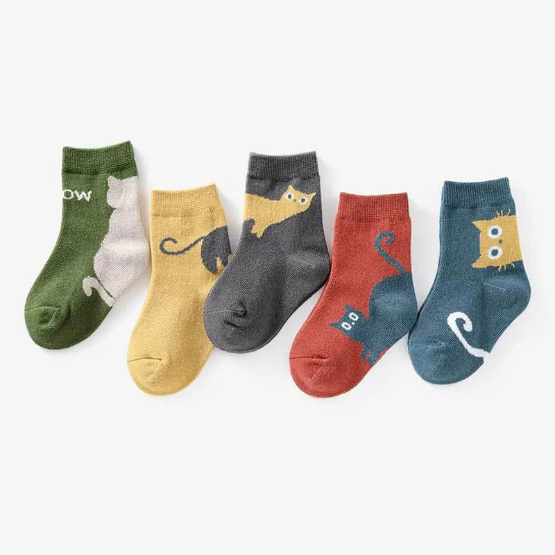 5 Pairs Kids Cartoon Cat Socks - Comfortable Breathable Children Socks for Boys & Girls 5 Pairs Mixed Color | Afrocentric