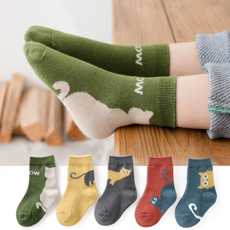 5 Pairs Kids Cartoon Cat Socks - Comfortable Breathable Children Socks for Boys & Girls | Afrocentric
