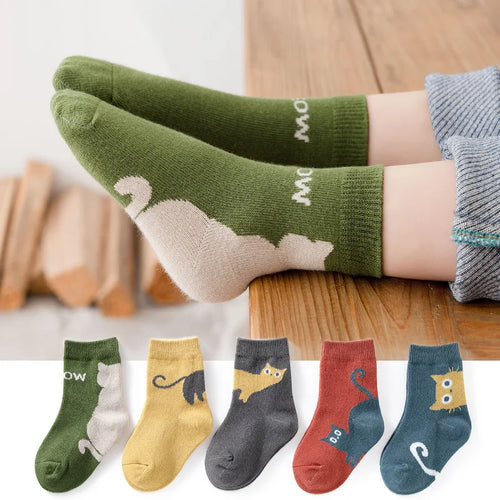 5 Pairs Kids Cartoon Cat Socks - Comfortable Breathable Children Socks for Boys & Girls | Afrocentric