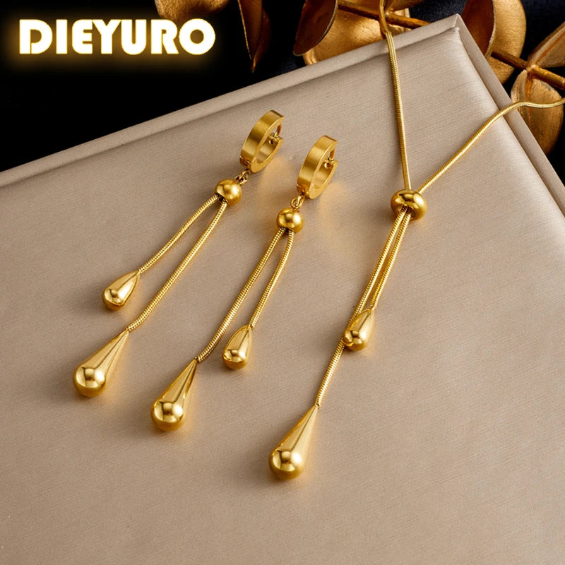 Gold Water Drop Tassel Jewelry Set | Necklace & Earrings for Women | Afrocentric