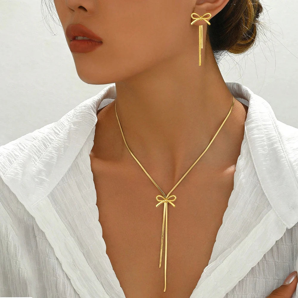 Delicate Bow Tassel Chain Necklace & Earrings Set | Gold Stainless Steel | Afrocentric