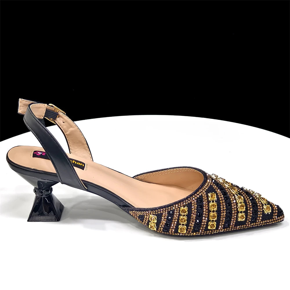 2025 Italian Fashion Pointed Toe Rhinestone Women Heels & Bag Set | Afrocentric