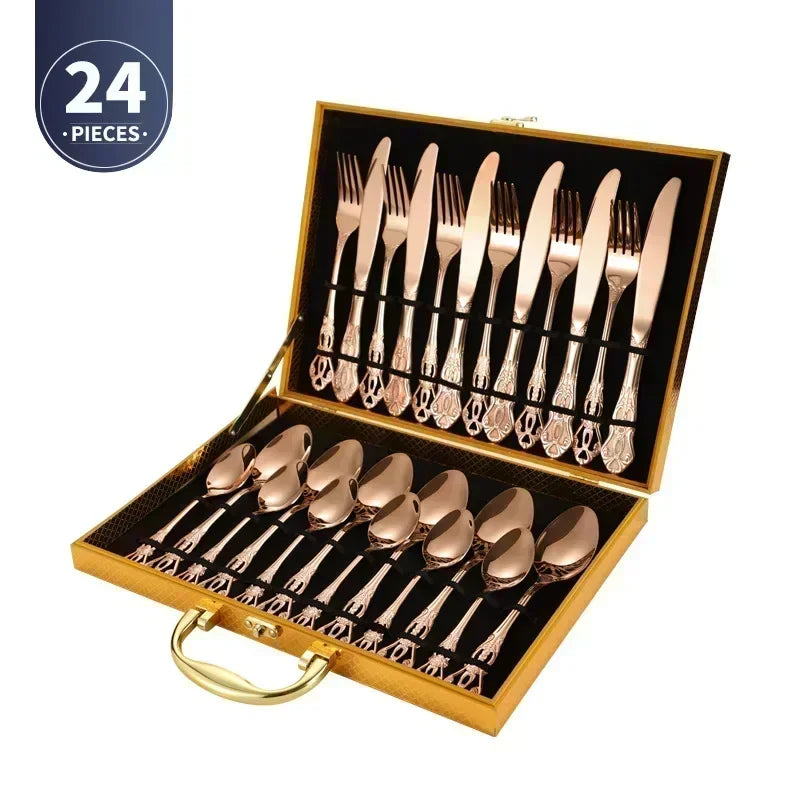 Luxury Retro Cutlery Set | Engraved Stainless Steel Flatware | 4pc, 5pc, 16pc & 24pc Sets Rose Gold 24pcs Box China Mainland | Afrocentric