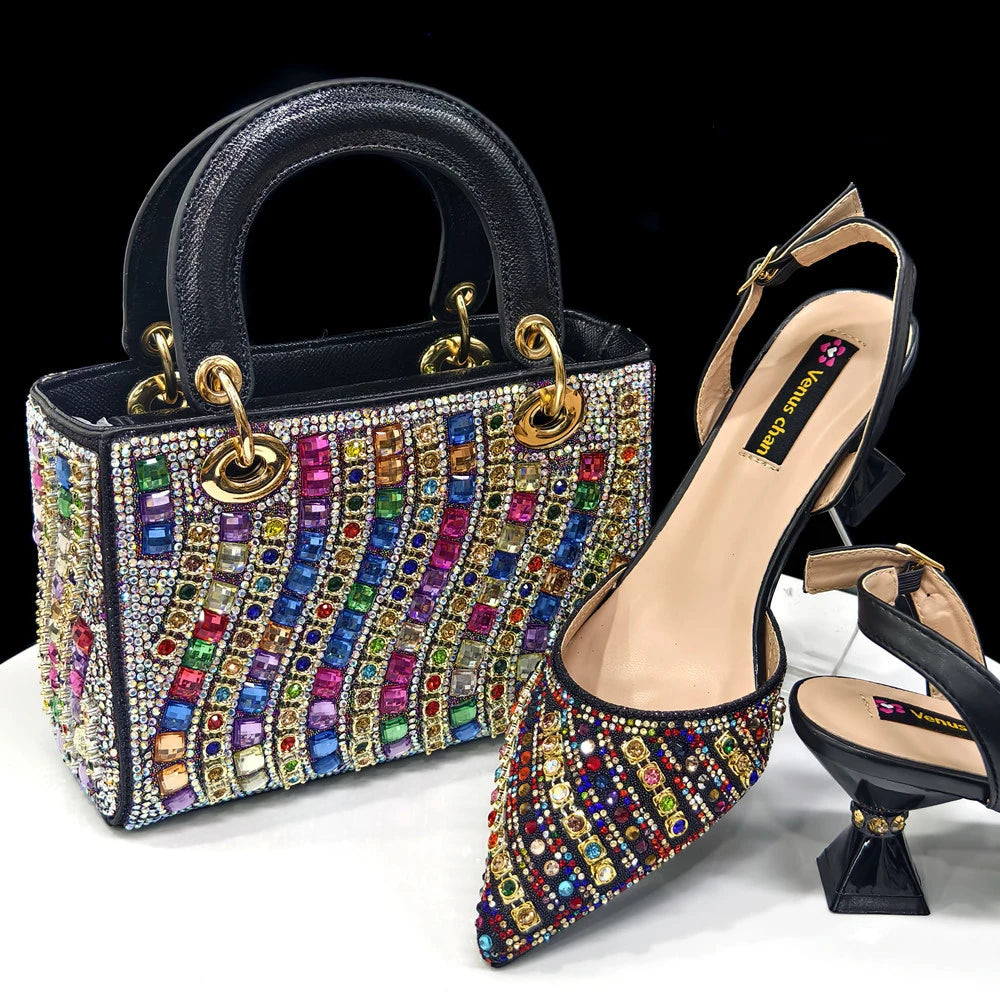 2025 Italian Fashion Pointed Toe Rhinestone Women Heels & Bag Set Multi Color | Afrocentric