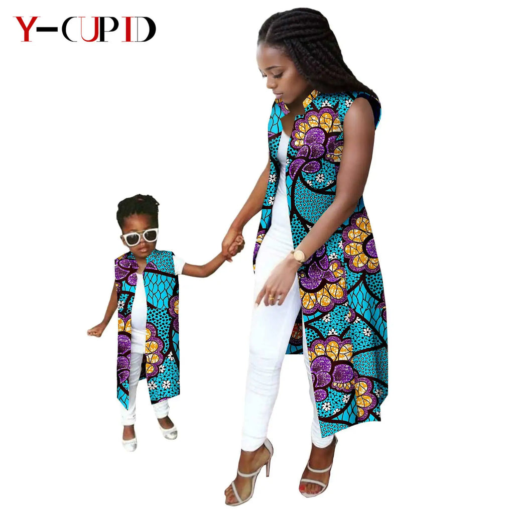 African Print Long Vest for Women and Girls Dashiki Summer Cotton Ankara Mother Jacket Outfits Matching Daughter Clothes 24F041 | Afrocentric