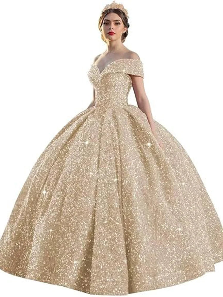 Customized Ball Gown Quinceanera Dresses Shiny Sequins Off Shoulder Prom Birthday Party Gowns Formal Vestido De Anos Sweet 16