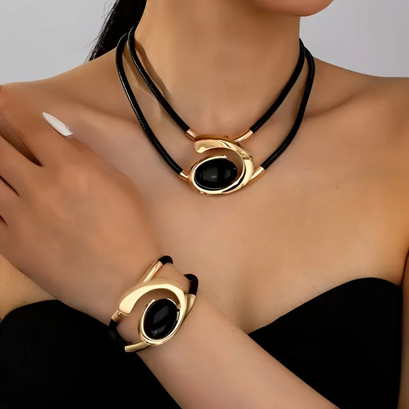 Vintage Black & Gold Jewelry Set | Rhinestone Necklace & Bracelet Combo | Afrocentric