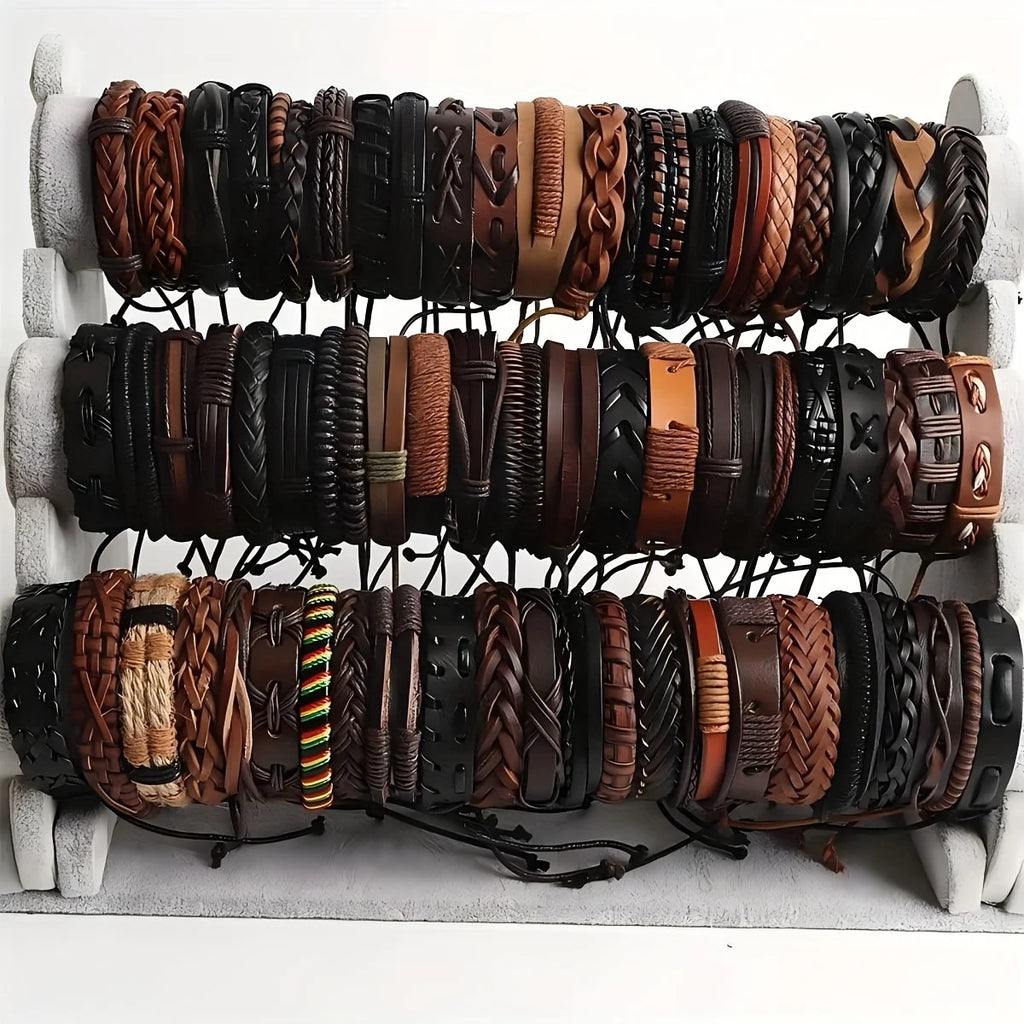 Braided Leather Bracelet Set | Ethnic Tribal Handmade Wrap Bracelets with Wood Beads Brown10pcs | Afrocentric