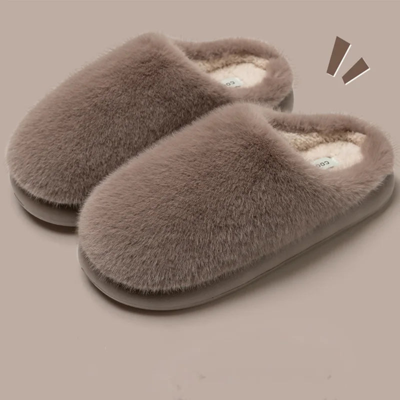 Winter Women's Faux Fur Warm Slippers - Plush Slip-Resistant Indoor House Shoes Khaki | Afrocentric
