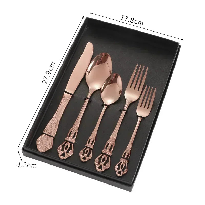Luxury Retro Cutlery Set | Engraved Stainless Steel Flatware | 4pc, 5pc, 16pc & 24pc Sets Rose Gold 5pcs Box China Mainland | Afrocentric
