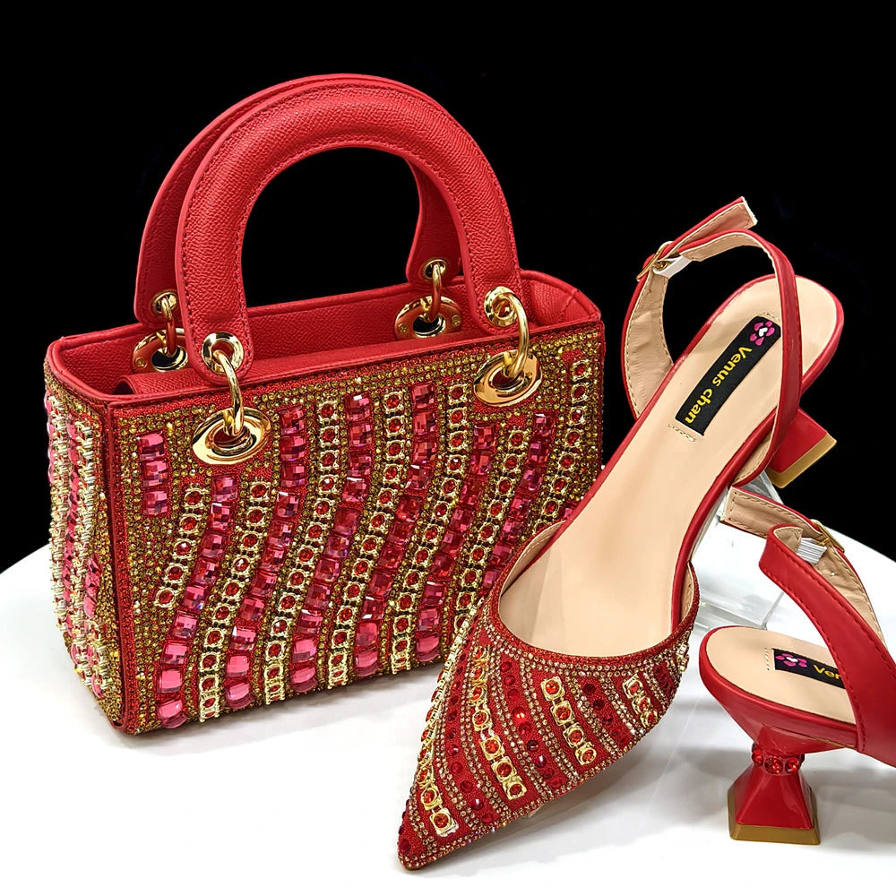 2025 Italian Fashion Pointed Toe Rhinestone Women Heels & Bag Set RED | Afrocentric