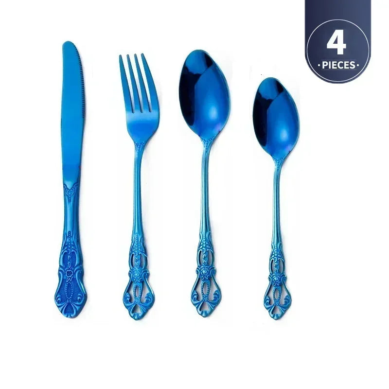 Luxury Retro Cutlery Set | Engraved Stainless Steel Flatware | 4pc, 5pc, 16pc & 24pc Sets Blue 4pcs China Mainland | Afrocentric