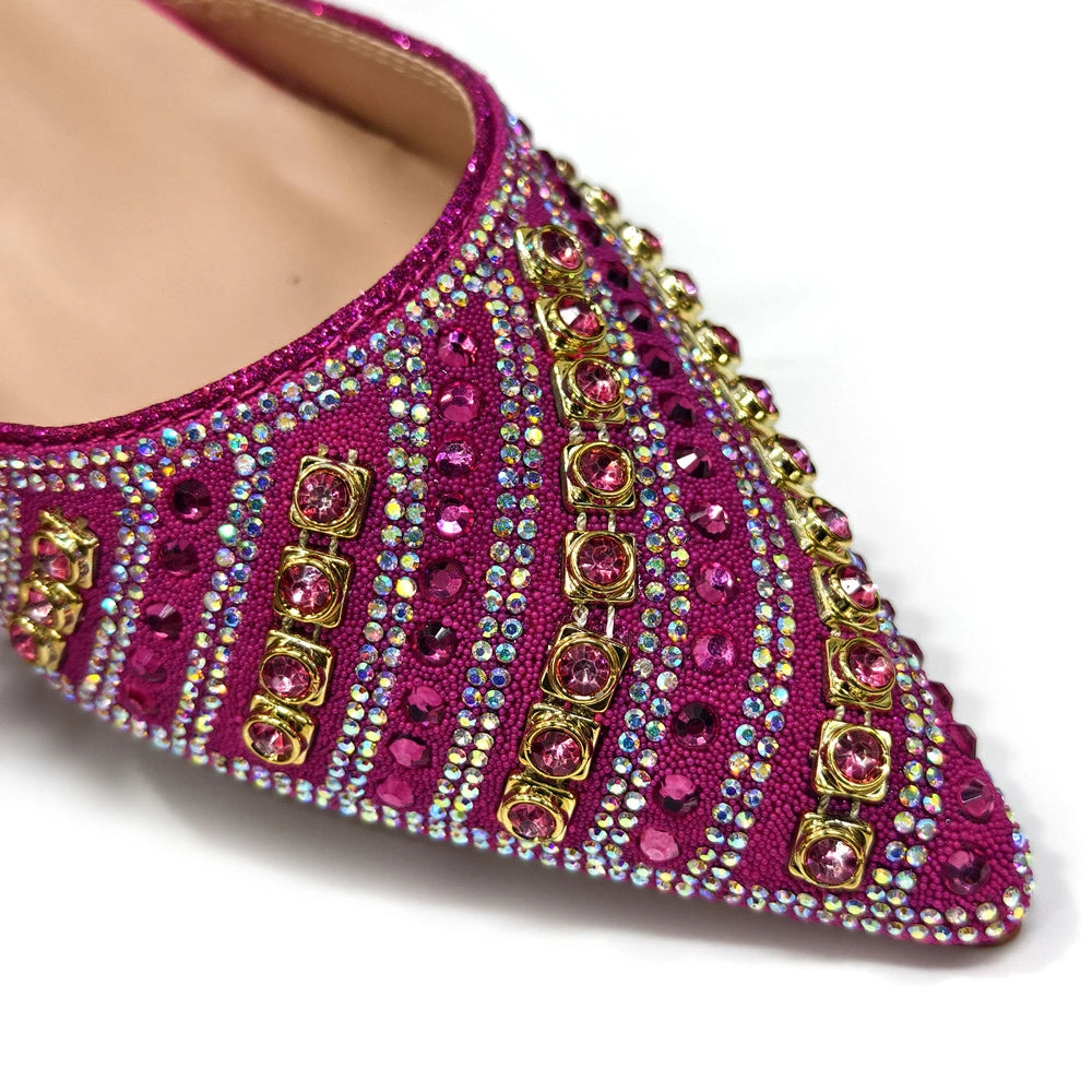 2025 Italian Fashion Pointed Toe Rhinestone Women Heels & Bag Set | Afrocentric