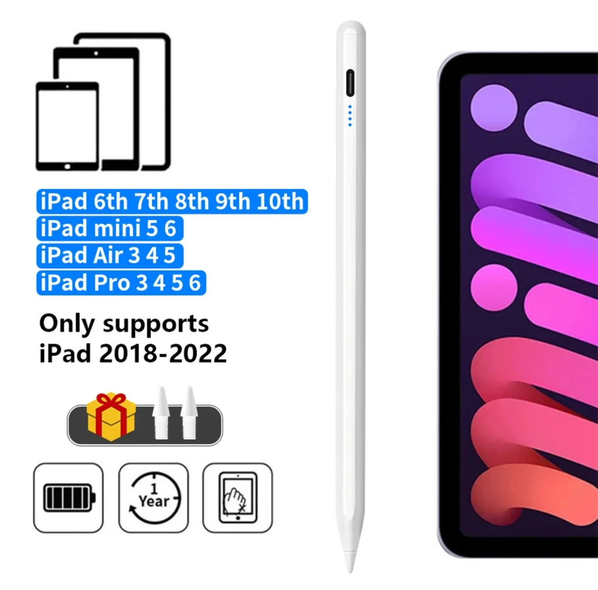 Stylus Pen for iPad | LED Power Indicator Palm Rejection Touch Pencil white | Afrocentric