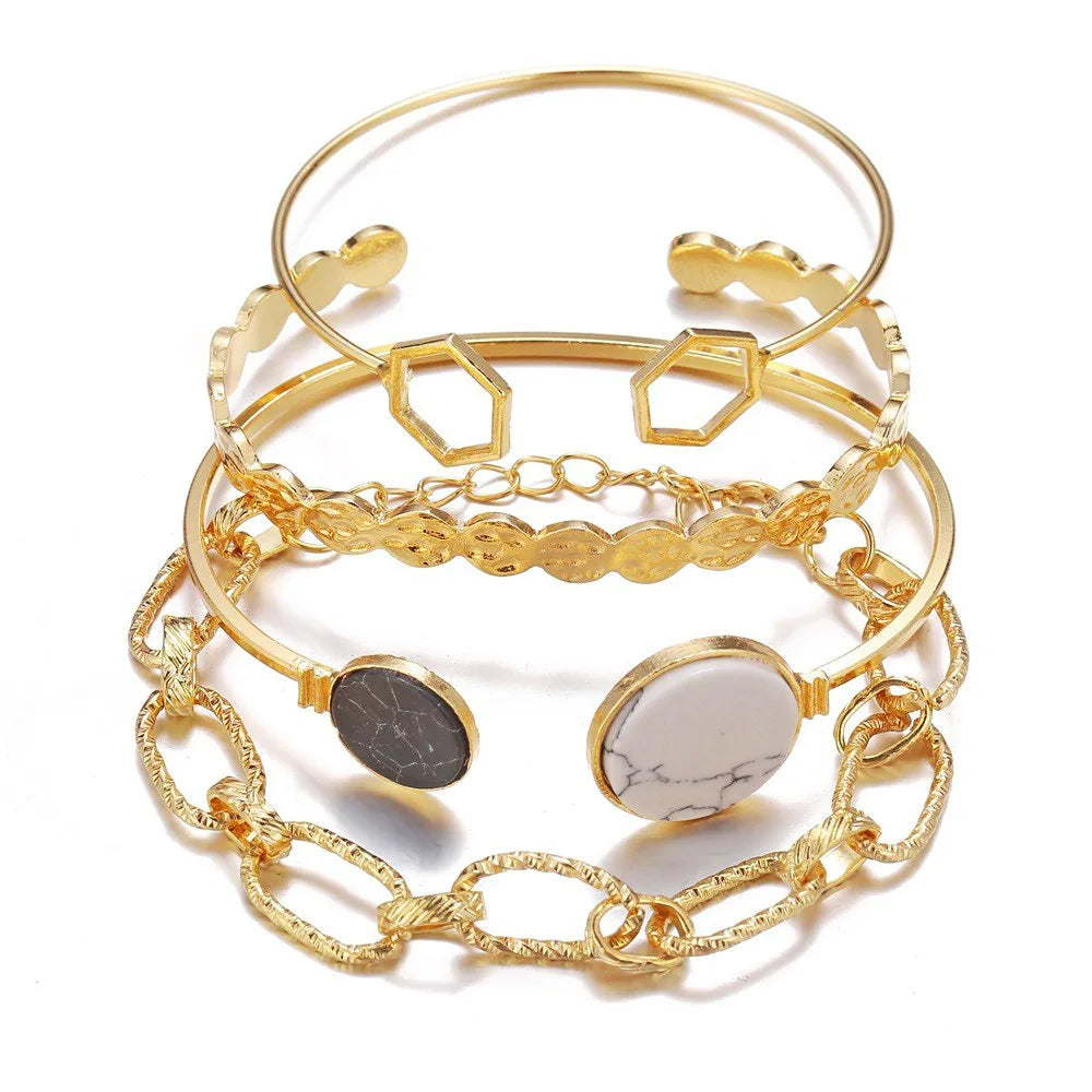Boho Gold Chain Bracelet Set | Geometric Link Chain Open Bangle for Women 128 | Afrocentric