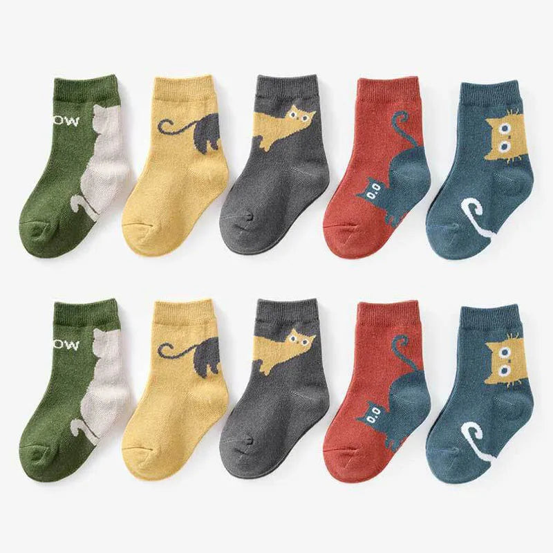 5 Pairs Kids Cartoon Cat Socks - Comfortable Breathable Children Socks for Boys & Girls | Afrocentric