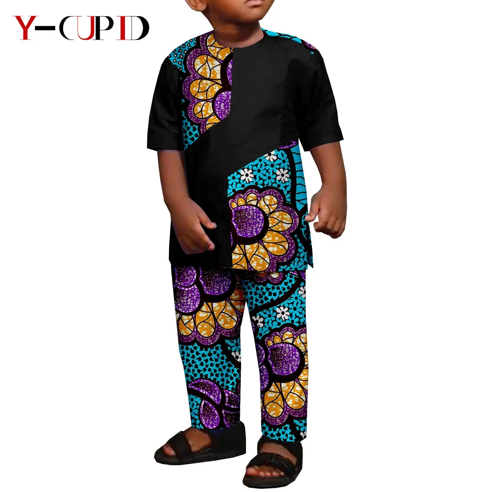 African Clothes for Boys Kid Outfits Dashiki Summer Cotton Ankara Print Top and Pant Sets Bazin Riche Children Outwear Y224017 618 | Afrocentric