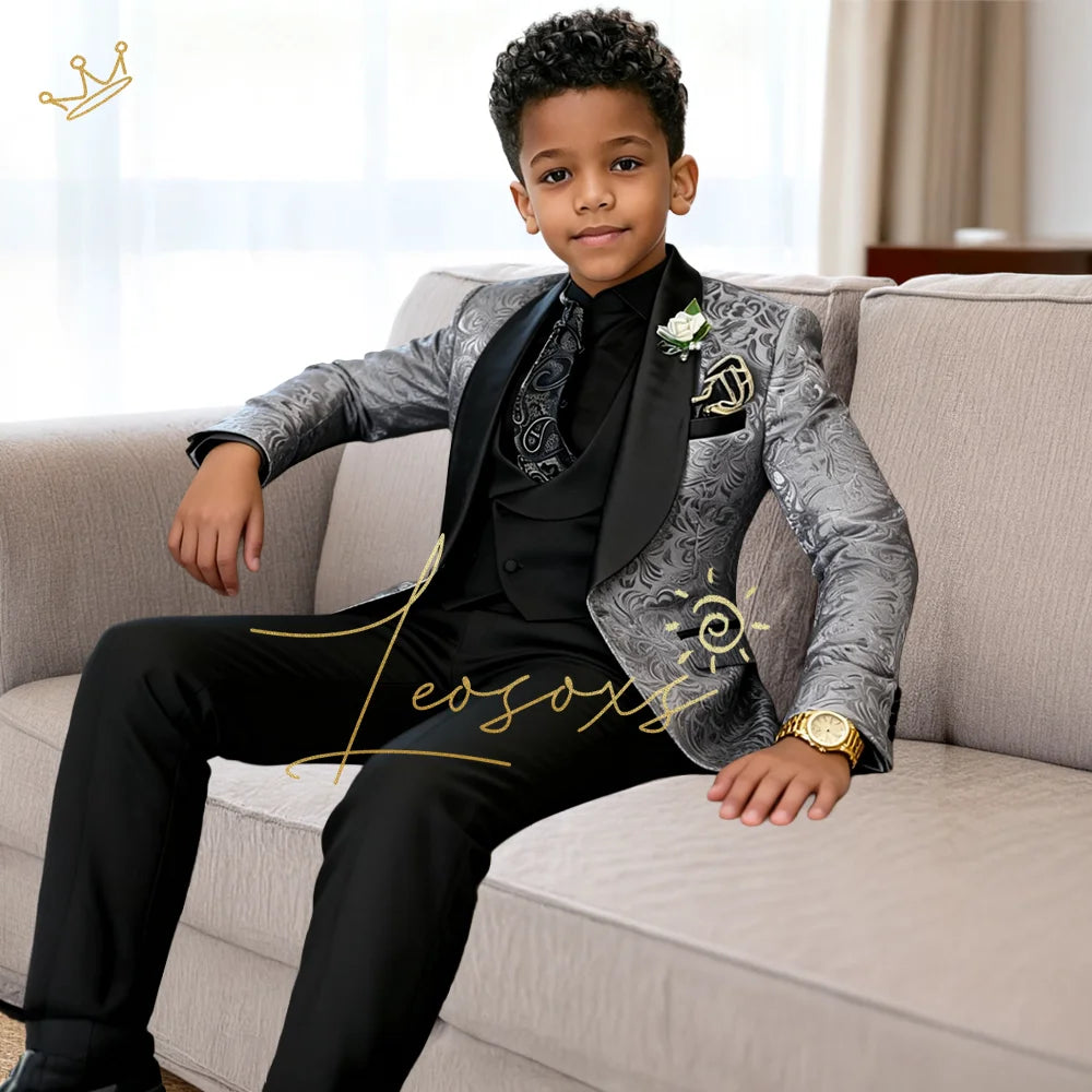 Boys 3-Piece Jacquard Suit | Blazer, Vest & Pants Formal Set for Kids silver | Afrocentric
