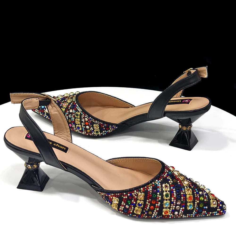2025 Italian Fashion Pointed Toe Rhinestone Women Heels & Bag Set | Afrocentric