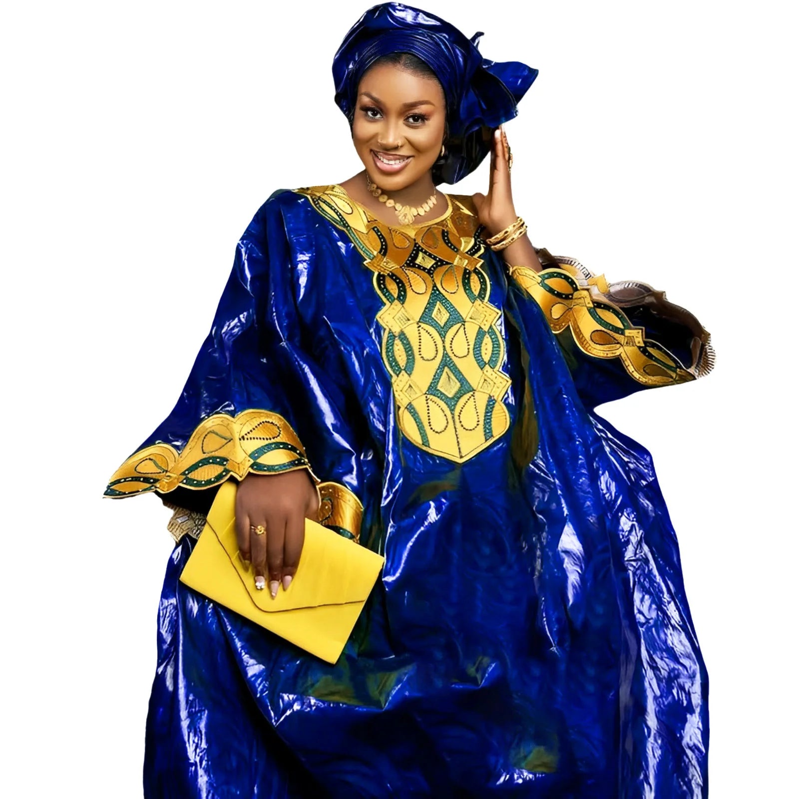 African Bazin Riche Embroidery Long Dress Blue | Afrocentric