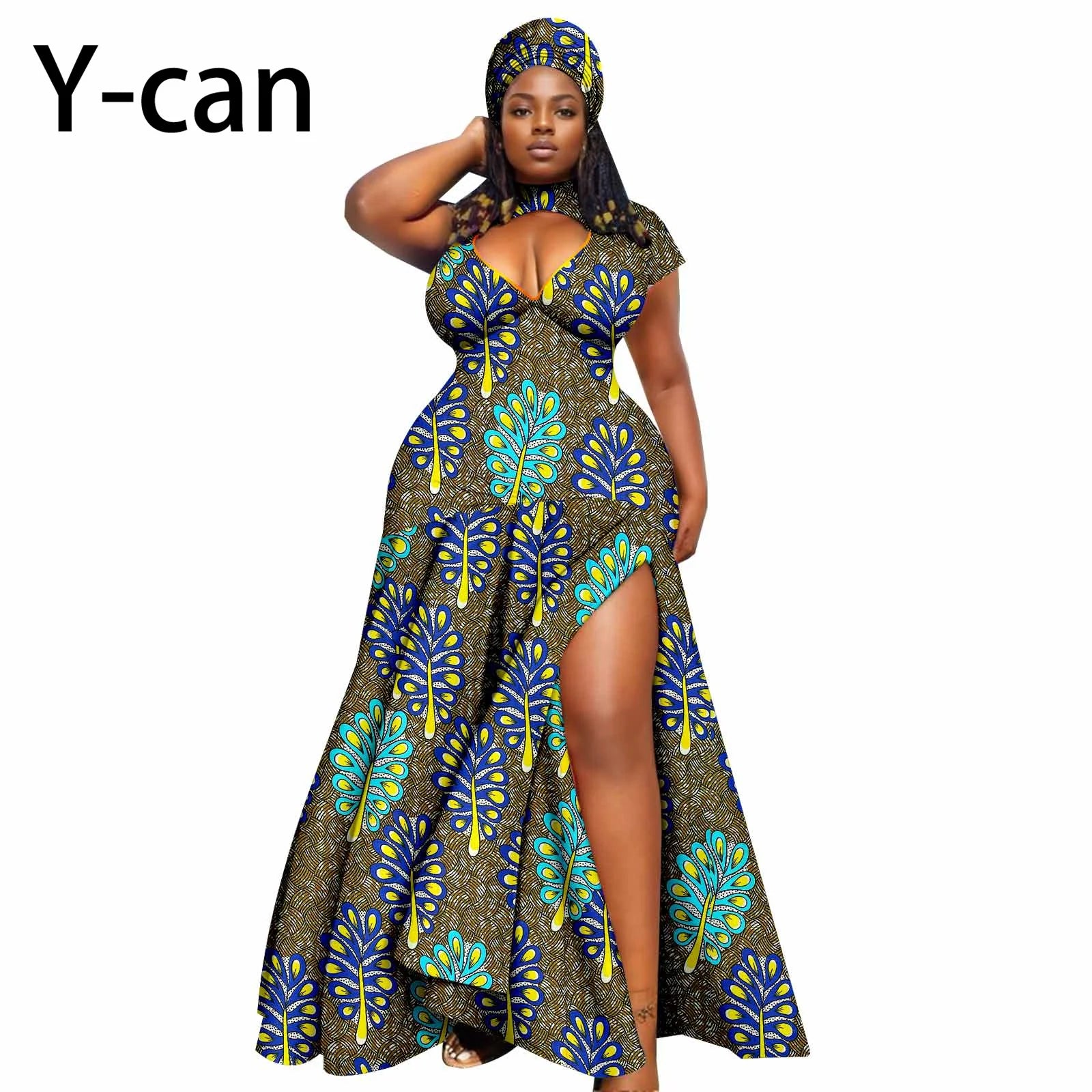 Dashiki African Women Dress Bazin Batik Sleeveless Slim Fit Mermaid Long Dress Sexy Hollow Women Dress with Headscarf 2425143 | Afrocentric