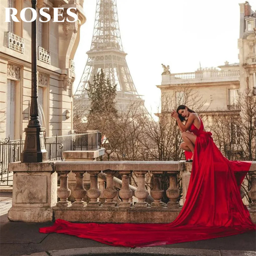 Red Satin Prom Dress | Sleeveless Backless Trumpet Gown with V-Neck & Pleats | Afrocentric