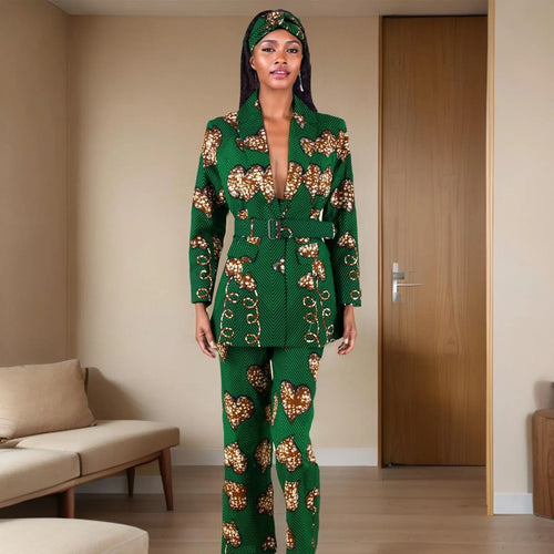 African Ankara 2-Piece Suit | Dashiki Long Sleeve Jacket & Pants Office Set | Afrocentric