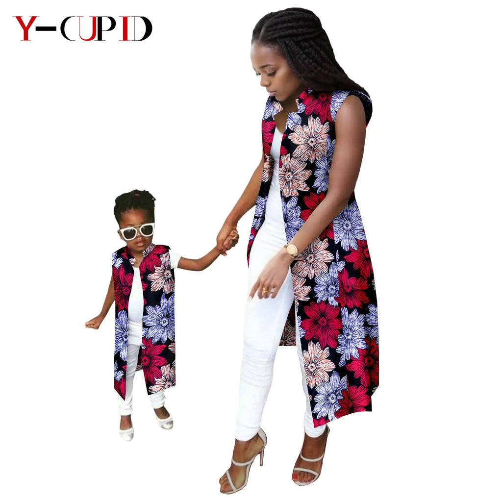 African Print Long Vest for Women and Girls Dashiki Summer Cotton Ankara Mother Jacket Outfits Matching Daughter Clothes 24F041 | Afrocentric