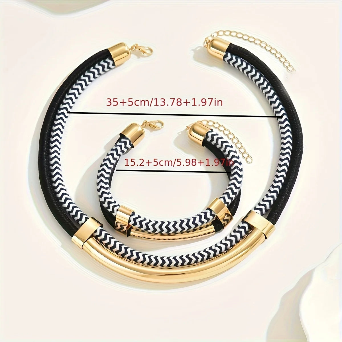 2PCS Hip-Hop Style Metal Tube Necklace & Bracelet Set - Black & White Exaggerated Fashion Jewelry | Afrocentric