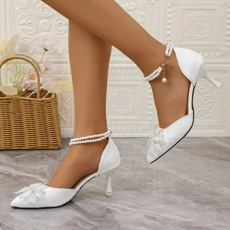 Elegant Pearl Chain Ankle Strap Pumps - Bowknot Pointed Toe High Heel Wedding Shoes | Afrocentric