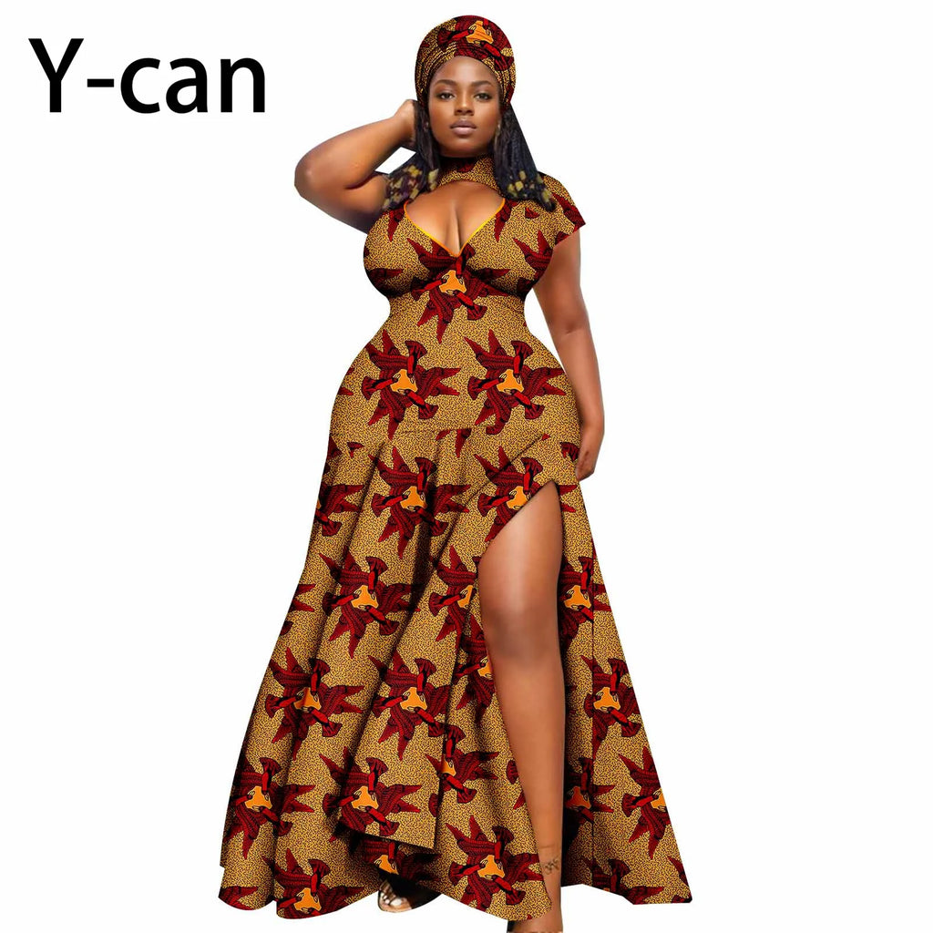 Dashiki African Women Dress Bazin Batik Sleeveless Slim Fit Mermaid Long Dress Sexy Hollow Women Dress with Headscarf 2425143 | Afrocentric