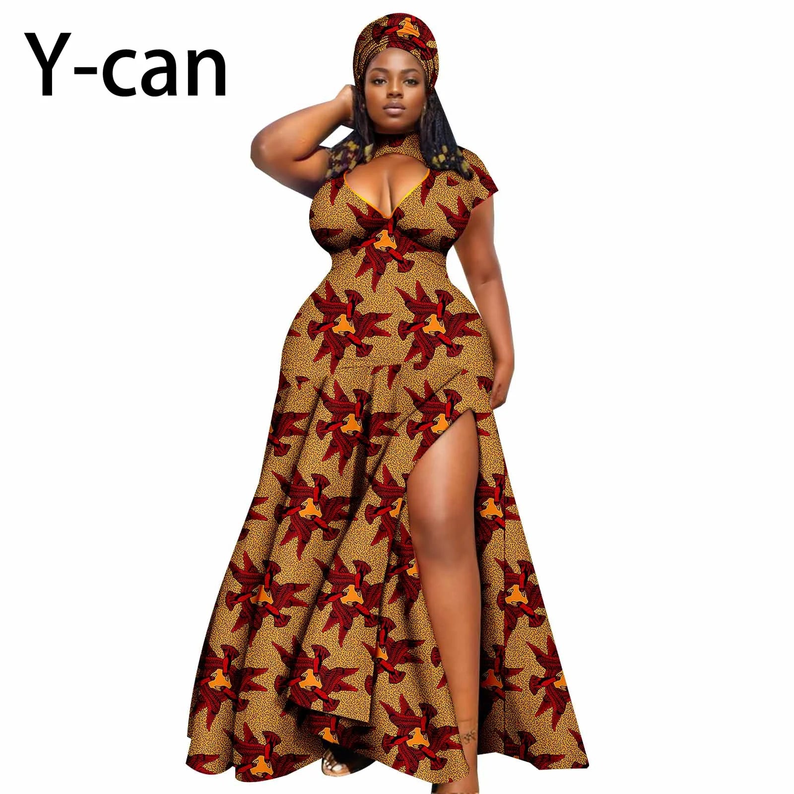 Dashiki African Women Dress Bazin Batik Sleeveless Slim Fit Mermaid Long Dress Sexy Hollow Women Dress with Headscarf 2425143 | Afrocentric