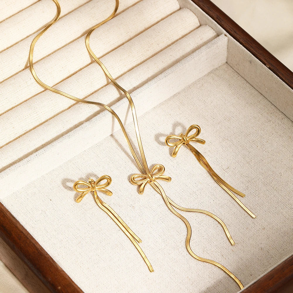 Delicate Bow Tassel Chain Necklace & Earrings Set | Gold Stainless Steel N5839 | Afrocentric