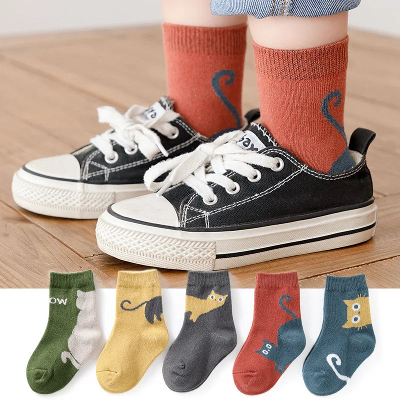 5 Pairs Kids Cartoon Cat Socks - Comfortable Breathable Children Socks for Boys & Girls | Afrocentric