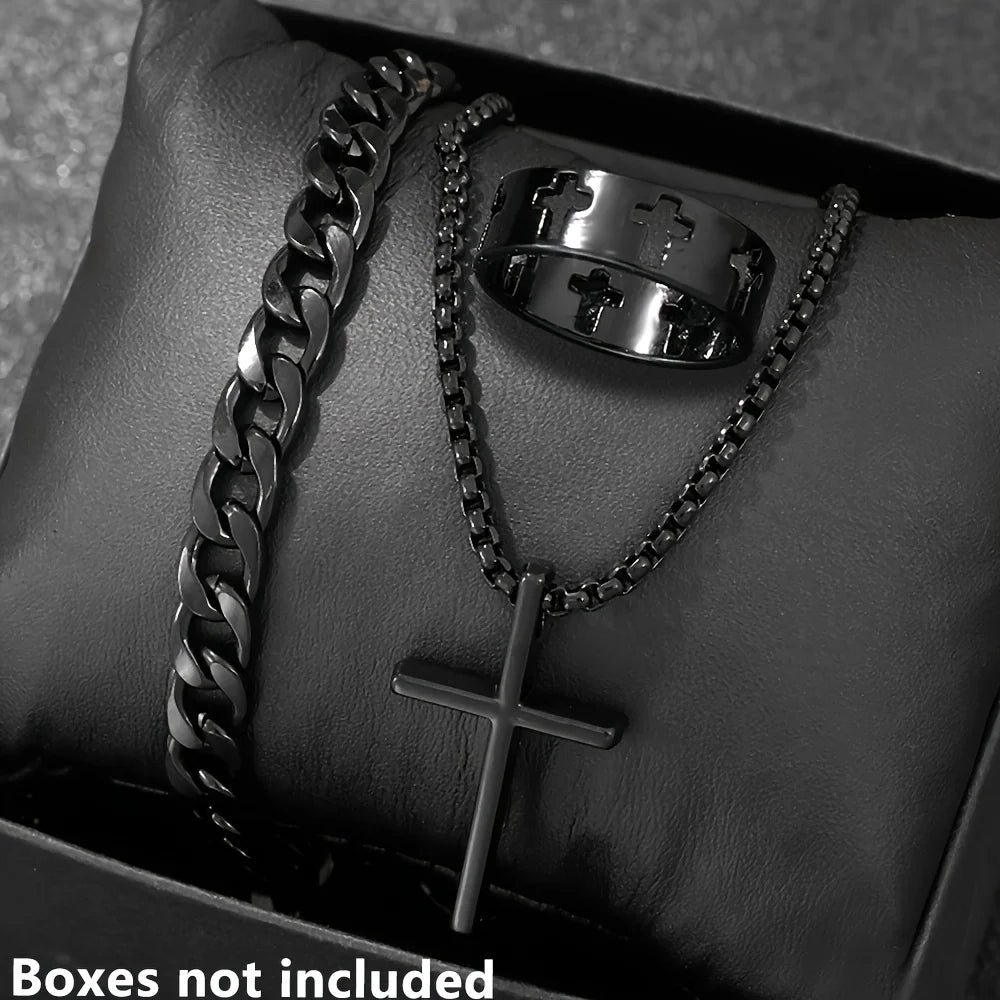 Men's 3-Piece Jewelry Set | Cross Pendant Necklace, Bracelet & Ring Combo | Afrocentric