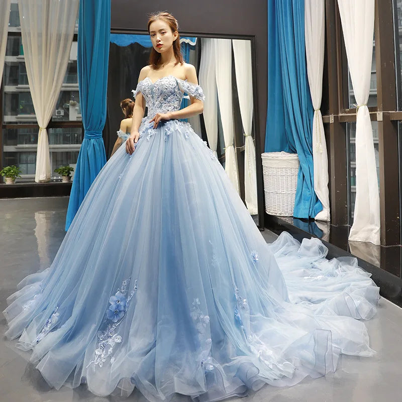 Floral Quinceañera Ball Gown – Off Shoulder Tulle Dress (Plus Size Available)