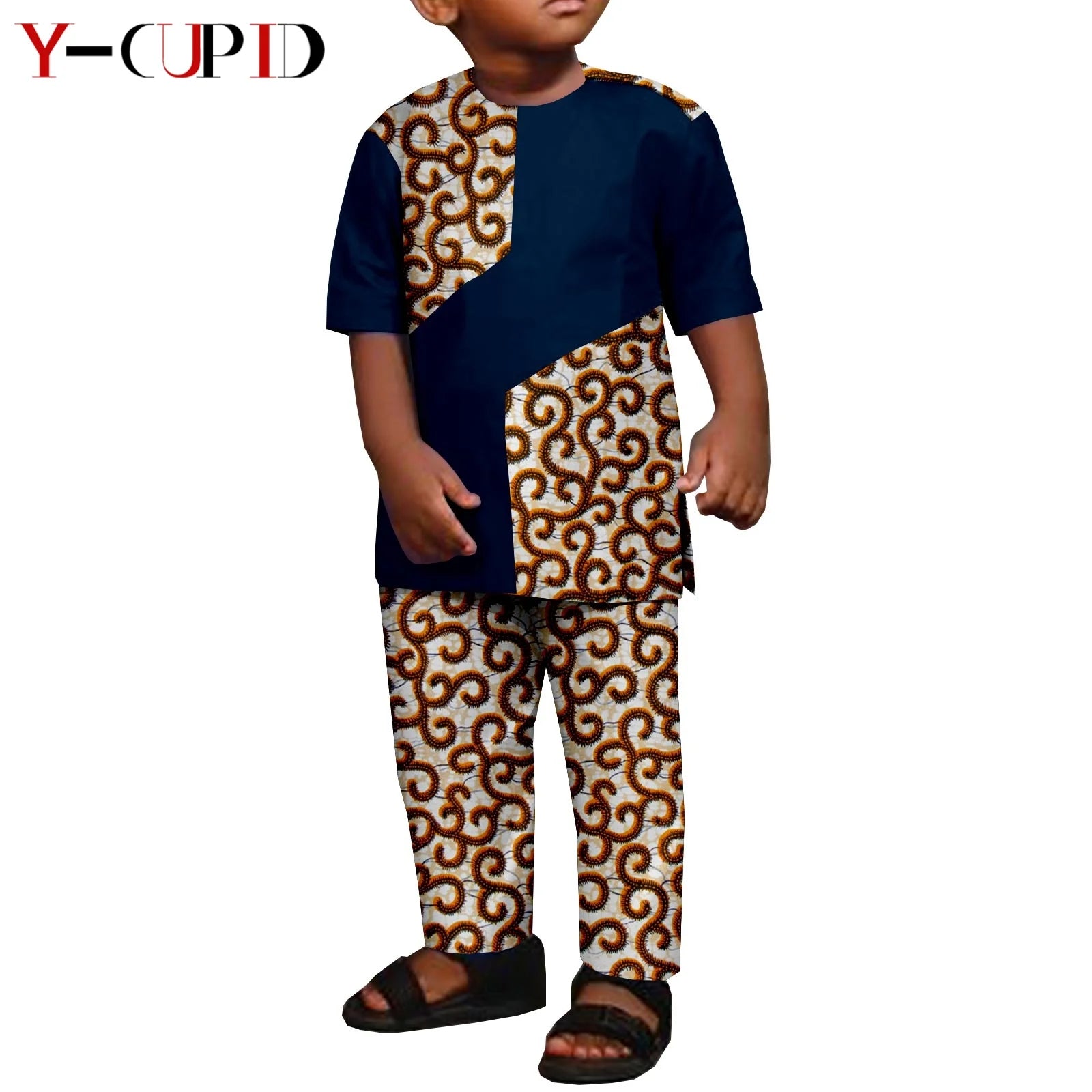 African Clothes for Boys Kid Outfits Dashiki Summer Cotton Ankara Print Top and Pant Sets Bazin Riche Children Outwear Y224017 815 | Afrocentric
