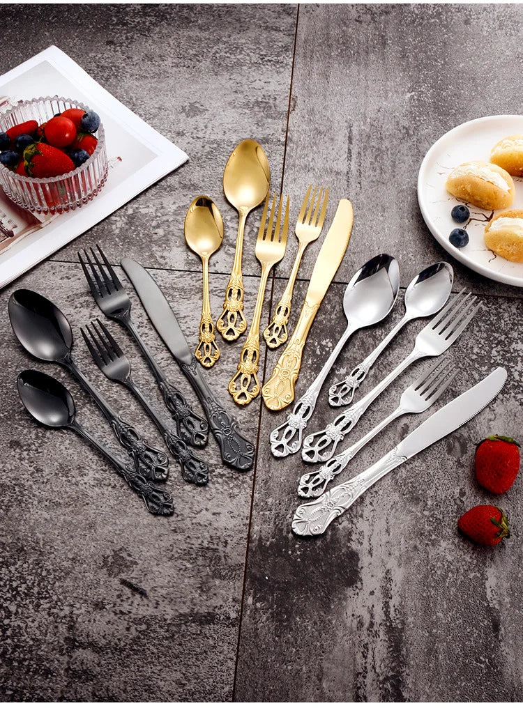 Luxury Retro Cutlery Set | Engraved Stainless Steel Flatware | 4pc, 5pc, 16pc & 24pc Sets | Afrocentric
